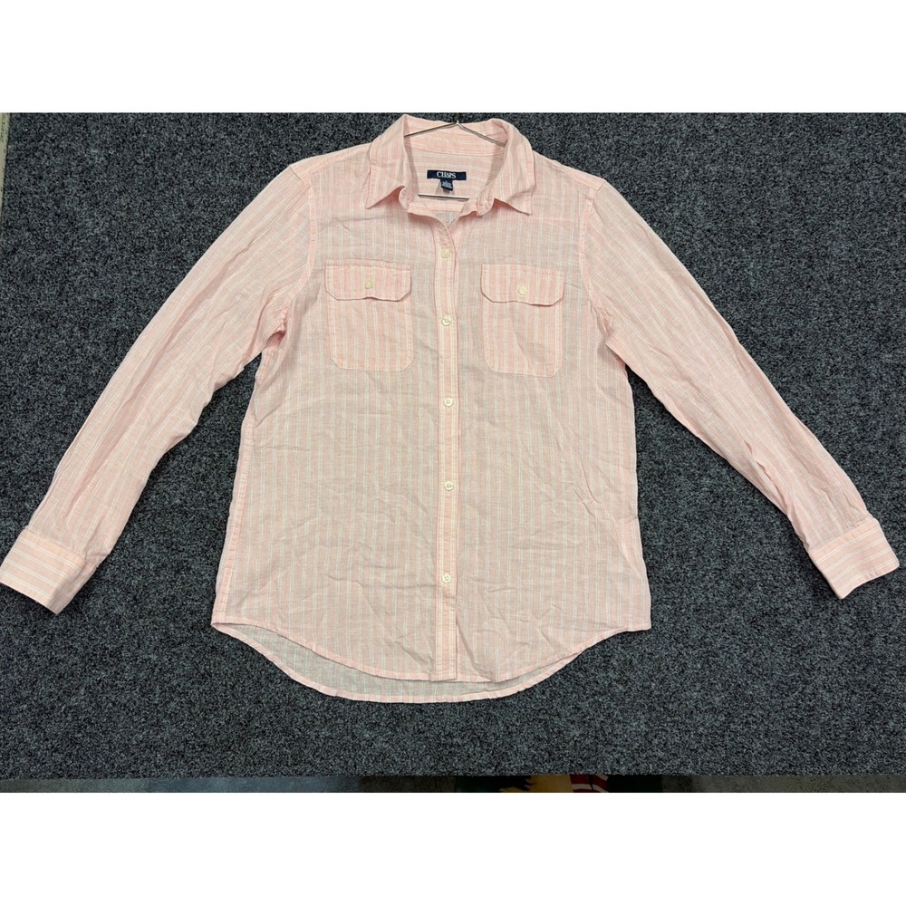 Chaps Shirt Women Medium Pink Striped Linen Blend Long Sleeve Button Down Top